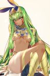  1girl bare_shoulders blush bracelet breasts breasts_apart c.c. closed_mouth code_geass commentary cosplay creayus dark_skin earrings egyptian egyptian_clothes facial_mark fate/grand_order fate_(series) green_hair hairband hoop_earrings jewelry long_hair looking_at_viewer medium_breasts nitocris_(fate/grand_order) nitocris_(fate/grand_order)_(cosplay) scar sidelocks simple_background sitting solo very_long_hair yellow_eyes 