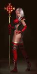  1girl armor ass boots dantewontdie elbow_gloves full_body gloves highleg holding holding_weapon leotard long_hair looking_at_viewer red_eyes sally_whitemane shoulder_armor solo staff thigh-highs thigh_boots warcraft weapon white_hair world_of_warcraft 
