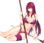  1girl arm_support beach bikini bodysuit breasts collarbone cover fate/grand_order fate_(series) flower gae_bolg hair_between_eyes hair_flower hair_intakes hair_ornament hibiscus highres holding holding_weapon large_breasts lips long_hair looking_at_viewer lying navel on_side parted_lips pink_bikini polearm purple_bodysuit purple_hair red_eyes scathach_(fate/grand_order) scathach_(swimsuit_assassin)_(fate) simple_background solo spear swimsuit weapon white_background zucchini 