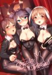  3girls :d :o alcohol animal_ears ayagi_daifuku black_bow black_bowtie black_hair black_legwear black_leotard blue_eyes blush bottle bow bowtie breasts brown_hair bunnysuit cleavage cocktail_glass cover cover_page cup curtains detached_collar doujin_cover drinking_glass fake_animal_ears gluteal_fold heart heart-shaped_pupils indoors isuzu_(kantai_collection) kantai_collection large_breasts leotard light_brown_hair long_hair looking_at_viewer medium_breasts multiple_girls nagara_(kantai_collection) natori_(kantai_collection) open_mouth pantyhose rabbit_ears red_eyes shiny shiny_clothes short_hair sitting smile symbol-shaped_pupils take_your_pick thigh_gap twintails wine wine_bottle wine_glass yellow_eyes 