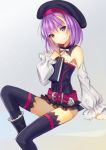  1girl black_boots black_hat black_legwear blush book boots character_request eyebrows_visible_through_hair fate_(series) hat helena_blavatsky_(fate/grand_order) holding holding_book lloule looking_at_viewer purple_hair short_hair smile solo thigh-highs violet_eyes 