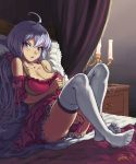  1girl absurdres ahoge artist_name bare_shoulders bed bed_sheet blush breasts candle candlestand cleavage detached_sleeves dress dress_tug full_body hair_between_eyes hair_ornament hair_scrunchie highres jonathan_h large_breasts long_hair looking_at_viewer open_mouth pillow red_dress scrunchie senki_zesshou_symphogear silver_hair sitting solo thigh-highs twintails very_long_hair violet_eyes white_legwear yukine_chris 