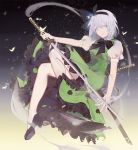  1girl bangs black_bow black_ribbon black_shoes blue_eyes bow bowtie butterfly dress edel_(qi--yu) full_body glowing_butterfly green_dress hair_ribbon hairband high_heels holding holding_sword holding_weapon katana konpaku_youmu konpaku_youmu_(ghost) looking_at_viewer no_socks puffy_short_sleeves puffy_sleeves ribbon sheath shoes short_hair short_sleeves silver_hair sky smile solo star_(sky) starry_sky sword touhou unsheathed weapon 