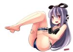  artist_signature ass bangs bare_arms barefoot bikini black_bikini_top black_ribbon blue_bikini_bottom blush boa_(4chan) breasts character_request cosmic_break d:&lt; eyebrows_visible_through_hair frilled_bikini frilled_legwear frills hair_ribbon hands_on_legs legband legs_up long_hair looking_at_viewer medium_breasts open_mouth purple_hair red_eyes ribbon swimsuit transparent_background 