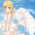  1girl angel_wings arm_garter bare_shoulders barefoot blonde_hair blush clouds collarbone dress green_eyes hands_on_ground kumatsugawa looking_at_viewer musical_note_hair_ornament original reflection ripples ruby_(stone) short_hair sitting sitting_on_water smile solo wariza white_dress wings 