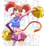  1girl animal_ears bell bell_collar breasts cat_ears cat_tail cheerleader cleavage collar commentary_request green_eyes heart_tattoo iesupa navel neon_katt orange_hair pom_poms rwby solo tail tattoo twintails 