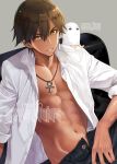  1boy ankh artist_name bangs brown_hair capriccio chair character_name denim dress_shirt earrings english fate/prototype fate/prototype:_fragments_of_blue_and_silver fate_(series) hair_between_eyes jeans jewelry looking_at_viewer male_focus medjed muscle necklace on_shoulder open_clothes open_shirt pants parted_lips rider_(fate/prototype_fragments) shirt sitting sleeves_rolled_up solo white_shirt yellow_eyes 