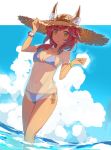  1girl :o animal_ears bad_id bad_pixiv_id bikini bikini_under_clothes blue_bikini blue_sky bracelet breasts cleavage clouds cloudy_sky day dutch_angle ears_through_headwear eyebrows_visible_through_hair fate/extra fate/grand_order fate_(series) fox_ears hand_on_headwear hat horizon jewelry long_hair looking_at_viewer low_twintails medium_breasts navel open_mouth outdoors oweee pink_hair see-through shirt side-tie_bikini sky solo straw_hat summer sun_hat swimsuit tamamo_(fate)_(all) tamamo_no_mae_(fate) tamamo_no_mae_(swimsuit_lancer)_(fate) twintails wading water yellow_eyes 