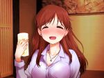  1girl alcohol beer breasts brown_hair cleavage closed_eyes cup drinking_glass drunk earrings idolmaster idolmaster_cinderella_girls jewelry long_hair medium_breasts necklace nitta_minami open_mouth sakaki_imasato sketch solo 