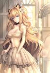  1girl bare_shoulders blonde_hair blue_eyes breasts cleavage collarbone detached_sleeves dress erect_nipples eyebrows_visible_through_hair flower hair_flower hair_ornament large_breasts limeblock long_hair looking_at_viewer parted_lips rose seeu solo standing vocaloid wedding_dress white_dress white_rose 