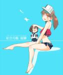  2girls alternate_costume bikini blue_background brown_eyes brown_hair commentary_request fairy_(kantai_collection) fang floral_print foot_up frilled_bikini frills hair_between_eyes hand_on_another&#039;s_head kantai_collection kitsuneno_denpachi long_hair multiple_girls open_mouth pleated_skirt ryuujou_(kantai_collection) school_uniform serafuku shikigami short_hair short_sleeves sitting skirt smile standing swimsuit translation_request twintails visor_cap 