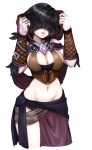  1girl barbariank black_hair blindfold breasts bustier cleavage commentary cowboy_shot facing_viewer groin hood jewelry large_breasts lips midriff navel paladins parted_lips ring seris_(paladins) short_hair solo transparent_background 
