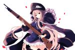  1girl black_hat bolt_action breasts brown_hair character_request eyebrows_visible_through_hair faefaea girls_frontline hat highres large_breasts long_hair looking_at_viewer mauser_98 red_eyes smile solo 