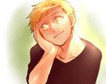  1boy alphonse_elric black_shirt blonde_hair fullmetal_alchemist green_background hand_on_own_cheek happy looking_to_the_side male_focus shirou_(vista) shirt short_hair simple_background smile solo_focus white_background yellow_eyes 