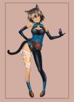  1girl absurdres adon_(adtech) animal_ears black_gloves blue_eyes blush brown_hair cat_ears cat_tail closed_mouth dark_skin elbow_gloves full_body gloves heterochromia highres looking_at_viewer pixiv_fantasia_revenge_of_the_darkness short_hair smile solo tail tan yellow_eyes 