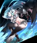  &gt;:( 1girl amira_(shingeki_no_bahamut) bangs blue_hair breasts brown_eyes claws closed_mouth demon_girl demon_horns demon_tail demon_wings floating_hair flying from_side highres horns kazetto large_breasts long_hair looking_away nail_polish pale_skin pointy_ears red_nails shingeki_no_bahamut shingeki_no_bahamut:_genesis solo tail tattoo wings 
