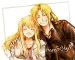  1boy 1girl blonde_hair closed_eyes coat couple edward_elric eyebrows_visible_through_hair frame fullmetal_alchemist grin hand_on_another&#039;s_shoulder happy heart husband_and_wife jacket long_hair number open_mouth ponytail simple_background smile text tsukuda0310 white_background winry_rockbell 