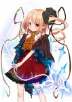  1girl adapted_costume blonde_hair brooch cravat dress flandre_scarlet gotoh510 hair_ornament hair_scrunchie highres jewelry laevatein long_hair looking_at_viewer pointy_ears red_dress red_eyes scrunchie short_dress solo standing touhou wings 