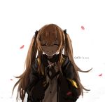  1girl ^_^ blush brown_hair closed_eyes fingerless_gloves girls_frontline gloves grin hair_between_eyes hair_ornament hairclip jacket jewelry petals ring rose_petals scar scar_across_eye smile solo twintails ump9_(girls_frontline) unitsu wedding_band 