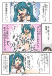  2girls animal_ears animal_print atorie_yukkuri_(pwhol) bell bell_collar blush breasts collar comic cow_bell cow_ears cow_girl cow_horns cow_print cow_tail female_admiral_(kantai_collection) hair_ribbon highres horns isuzu_(kantai_collection) kantai_collection large_breasts long_hair multiple_girls open_mouth ribbon school_uniform tail translation_request twintails 