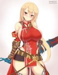  &gt;:) 1girl arnas_(yoru_no_nai_kuni) arnas_(yoru_no_nai_kuni)_(cosplay) bare_shoulders blonde_hair blush breasts brown_gloves closed_mouth cosplay cowboy_shot curvy dress gloves hair_between_eyes holding holding_sword holding_weapon kainkout large_breasts long_hair looking_at_viewer necktie pelvic_curtain red_dress red_eyes red_necktie reverse_grip senran_kagura senran_kagura_(series) senran_kagura_new_wave sideboob sleeveless smile solo souji_(senran_kagura) standing sword thigh-highs very_long_hair weapon wide_hips 