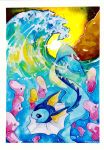  artist_name blue_eyes ears fish luvdisc ocean partially_submerged pikachoupi pokemon pokemon_(creature) pokemon_(game) pokemon_rgby pokemon_rse sunset tail vaporeon water watermark waves 