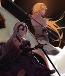  2girls absurdres bare_back bare_shoulders blonde_hair breasts chains choker cleavage elbow_gloves fate/grand_order fate_(series) fur-trimmed_gloves fur_trim gloves headpiece highres iron_(2486886134) jeanne_alter long_hair looking_at_viewer looking_back multiple_girls ruler_(fate/apocrypha) standard_bearer sword violet_eyes weapon yellow_eyes 