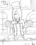  1girl alternate_costume bowl chef_hat chef_uniform closed_eyes cooking_show greyscale hair_over_one_eye hat ice_keki little_witch_academia long_hair monochrome mushroom oven_mitts rolling_pin smile solo sucy_manbavaran 