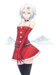  1girl angel_wings black_legwear blue_eyes breasts christmas commentary_request cowboy_shot dress elbow_gloves feathered_wings gloves hair_ornament hairpin highres looking_at_viewer low_wings original red_dress red_gloves red_skirt santa_costume short_hair simple_background skirt small_breasts smile solo standing sugi_214 thigh-highs white_background white_feathers white_hair white_wings wings 