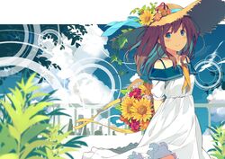  1girl :&gt; blue_bow blue_eyes blue_ribbon blush bouquet bow brown_hair closed_mouth dress eyebrows_visible_through_hair flower hat highres holding holding_bouquet looking_at_viewer medium_hair original ribbon smile solo straw_hat summer sunflower sutorora white_dress 