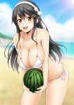  1girl beach bent_over bikini black_hair blue_sky blush breasts brown_eyes carrying cleavage clouds cloudy_sky collarbone commentary_request day eyebrows_visible_through_hair food fruit fuuma_nagi hair_ornament hairband hairclip haruna_(kantai_collection) horizon kantai_collection large_breasts leaning_forward light_rays long_hair looking_at_viewer ocean open_mouth outdoors revision side-tie_bikini skindentation sky smile solo standing swimsuit teeth watermelon white_bikini white_hairband 