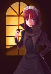  &gt;:o 1girl :o bangs blue_eyes boa_(4chan) commentary cosplay dress frown hand_on_hip highres hisui holding holding_pipe looking_away maid maid_headdress open_mouth pipe purple_dress redhead sherlock_holmes sherlock_holmes_(cosplay) short_hair solo sunset tsukihime upper_body 
