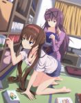  &gt;:( 2girls absurdres ahoge bangs barefoot black_ribbon blue_eyes blunt_bangs blush bookshelf breasts brown_hair collarbone computer doll_hug downblouse full_body furiruno green_eyes hair_ribbon hairband heterochromia highres indoors long_hair low_twintails multiple_girls murasaki_(senran_kagura) no_bra pajamas parted_lips purple_hair ribbon ryoubi_(senran_kagura) senran_kagura senran_kagura_(series) senran_kagura_shinovi_versus shirt shorts small_breasts t-shirt twintails violet_eyes white_shirt 