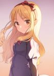  1girl arms_at_sides bangs blonde_hair blush bow brown_bow brown_eyes closed_mouth eromanga_sensei eyebrows_visible_through_hair floating_hair from_side hair_bow hairband highres juliet_sleeves light_smile long_hair long_sleeves looking_at_viewer pointy_ears puffy_sleeves ringlets shigure_ui smile solo upper_body wavy_hair wind yamada_elf 