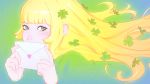  1girl blonde_hair blush clover envelope four-leaf_clover gradient gradient_background green_eyes highres ilya_kuvshinov long_hair looking_at_viewer original solo 