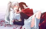  2girls arm_support between_legs blue_eyes blush boots earrings grey_eyes grey_hair hand_on_another&#039;s_head jewelry knee_boots long_hair looking_at_viewer lying multiple_girls necktie nose_blush on_back open_mouth petals rose_petals ruby_rose rwby scar scar_across_eye sketch thighs tsuta_no_ha weiss_schnee yuri 