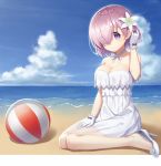  1girl ball beach beachball breasts cleavage closed_mouth collarbone eyebrows_visible_through_hair eyes_visible_through_hair fate/grand_order fate_(series) flower gloves hair_flower hair_ornament hair_over_one_eye heijialan high_heels large_breasts looking_at_viewer purple_hair shielder_(fate/grand_order) short_hair sitting solo violet_eyes wariza white_gloves 