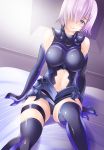  1girl arm_support armor armored_dress bare_shoulders black_legwear breasts closed_mouth elbow_gloves fate/grand_order fate_(series) gloves hair_over_one_eye indoors large_breasts lavender_hair looking_at_viewer maki_(seventh_heaven_maxion) navel purple_gloves shielder_(fate/grand_order) short_hair sitting smile solo stomach thigh-highs violet_eyes 