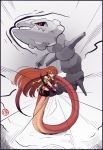  &gt;:o 1girl :o absurdres arm_ribbon bangs boa_(4chan) boxing_gloves boxing_shorts crossover gloves hair_between_eyes hair_ornament highres lamia long_hair looking_at_viewer miia_(monster_musume) monster_girl monster_musume_no_iru_nichijou open_mouth pointy_ears pokemon pokemon_(creature) red_gloves redhead ribbon scales serious shorts snake_tail speed_lines sports_bra steam steelix very_long_hair yellow_eyes yellow_ribbon 