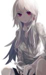  1girl bangs black_shorts bottle collared_shirt earrings grey_shirt highres holding holding_bottle jewelry long_hair long_sleeves looking_at_viewer ogami_ren original parted_lips red_eyes shirt short_shorts shorts simple_background sitting sleeves_rolled_up solo water_bottle white_background white_hair 