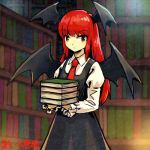  1girl black_skirt book book_stack demon_wings head_wings holding holding_book indoors koakuma library long_hair long_sleeves looking_at_viewer lowres meitei necktie puffy_long_sleeves puffy_sleeves red_eyes red_necktie redhead skirt skirt_set solo touhou vest wings 