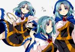  1girl blue_eyes blue_hair blush breasts commentary_request fighting_stance hood hoop jewelry kesa kumoi_ichirin long_sleeves pendant sameya sigh sweat timestamp touhou 