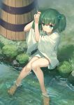  1girl aqua_eyes artist_name bare_legs barefoot bucket commentary_request day grass green_hair hair_bobbles hair_ornament highres japanese_clothes kikugetsu kimono kisume knees_together_feet_apart mouth_hold outdoors short_hair short_kimono sitting soaking_feet solo summer touhou two_side_up tying_hair water wet wet_hair wide_sleeves wooden_bucket 