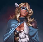  1girl blonde_hair blue_eyes breasts cape cleavage dantewontdie feathers gloves hair_feathers highres long_hair looking_at_viewer mask original solo white_gloves 
