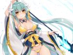  1girl aqua_hair arm_up armpits bikini blush breasts closed_mouth cowboy_shot detached_collar eyebrows_visible_through_hair fate/grand_order fate_(series) frill_trim gluteal_fold horns kiyohime_(fate/grand_order) kiyohime_(swimsuit_lancer)_(fate) long_hair medium_breasts muryou obi open_clothes polearm sash simple_background smile solo sweat swimsuit twintails very_long_hair weapon white_background wide_sleeves yellow_bikini yellow_eyes 
