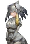  1girl aos_libido bangs belt bird_tail bodystocking breasts collared_shirt cowboy_shot feathers fingerless_gloves gloves grey_hair grey_legwear grey_necktie grey_shorts hair_between_eyes head_wings kemono_friends large_breasts looking_at_viewer necktie pantyhose_under_shorts shirt shoebill_(kemono_friends) short_sleeves shorts side_ponytail simple_background solo twintails white_background yellow_eyes 