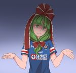  1girl alternate_costume bangs blunt_bangs bow commentary_request cruz_azul eyebrows_visible_through_hair frills front_ponytail green_eyes green_hair hair_bow hair_ribbon head_tilt kagiyama_hina looking_at_viewer mefomefo ribbon short_sleeves shrug simple_background soccer_jersey solo touhou under_armour 