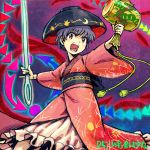  1girl bowl bowl_hat hat holding japanese_clothes kimono long_sleeves looking_at_viewer lowres mallet meitei miracle_mallet needle obi open_mouth purple_hair red_kimono sash short_hair solo standing sukuna_shinmyoumaru teeth touhou violet_eyes wide_sleeves 