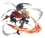  1boy belt boots cape full_body granblue_fantasy long_hair lucius_(granblue_fantasy) male_focus minaba_hideo official_art sword torn_clothes transparent_background weapon yellow_eyes 