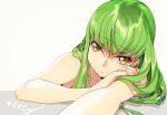  1girl bare_arms beige_background c.c. chin_rest closed_mouth code_geass creayus eyebrows_visible_through_hair foreshortening green_hair long_hair looking_at_viewer sidelocks simple_background solo upper_body yellow_eyes 